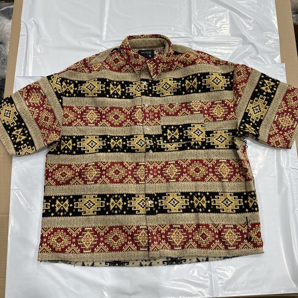 Beach Brains Shirt Men XL Multicolor Aztec Print Short Sleeve Button Down CEB307